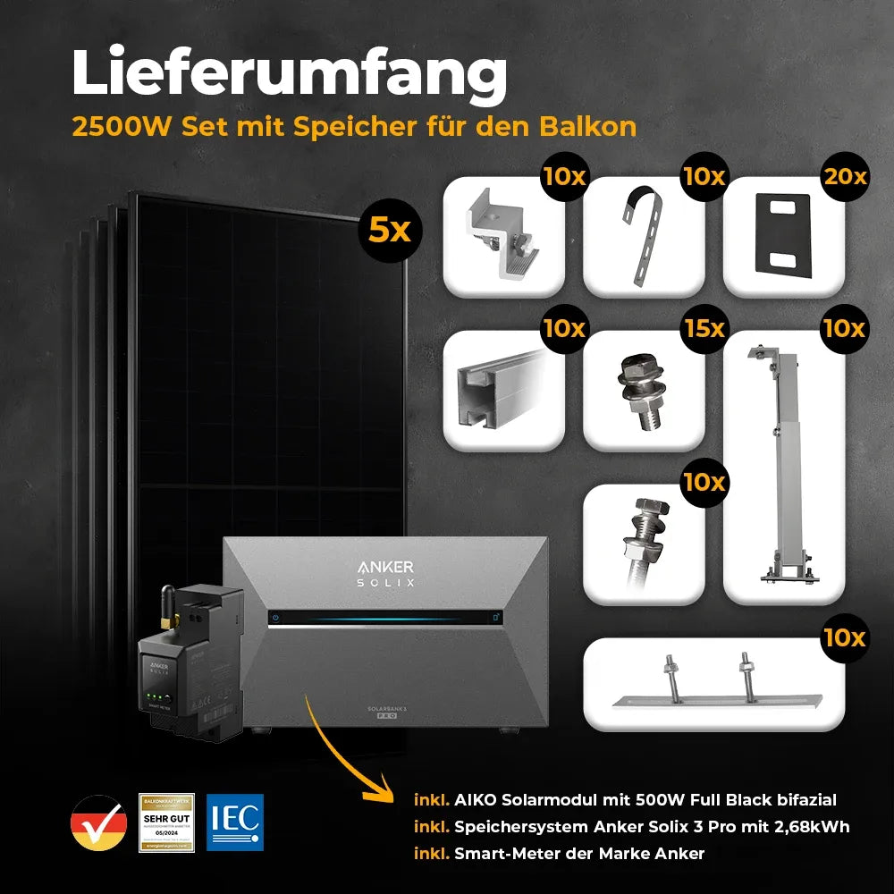 Solarkraftwerk 2500W mit Speicher Anker SOLIX 3 Pro- Komplettset Gitterbalkon