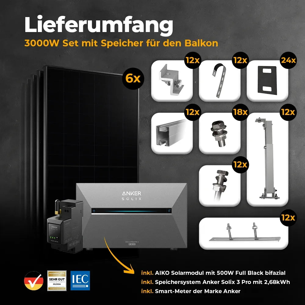 Solarkraftwerk 3000W mit Speicher Anker SOLIX 3 Pro - Komplettset Gitterbalkon
