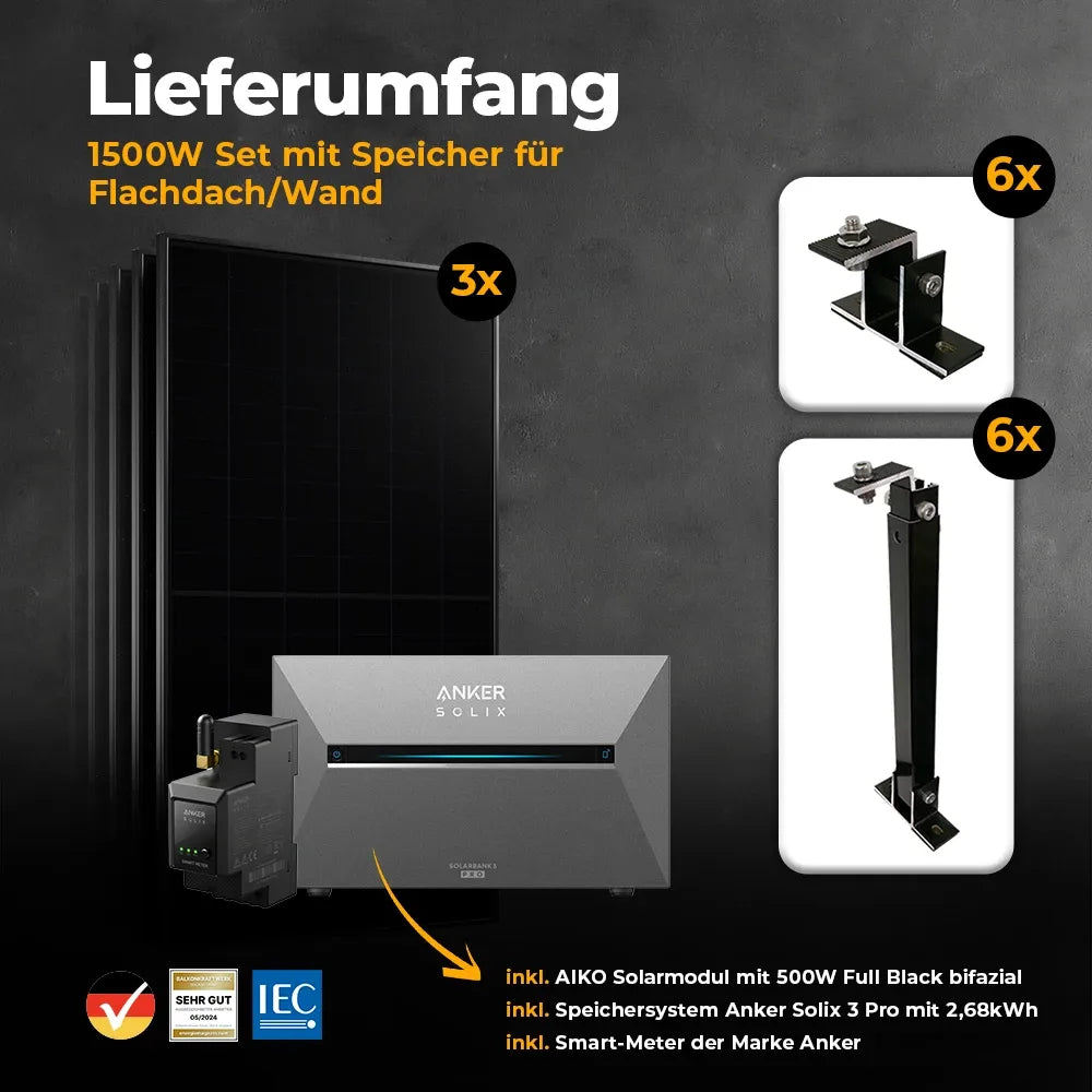 Balkonkraftwerk 1500W mit Speicher Anker SOLIX 3 Pro – Komplettset Wandmontage