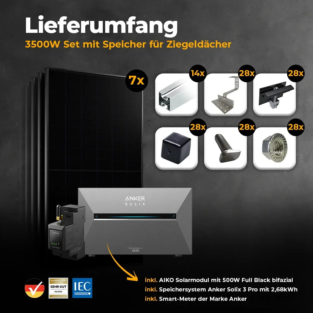 Solarkraftwerk 3500W mit Speicher Anker SOLIX 3 Pro - Komplettset Schrägdach