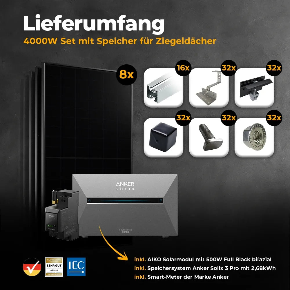 Solarkraftwerk 4000W mit Speicher Anker SOLIX 3 Pro - Komplettset Schrägdach