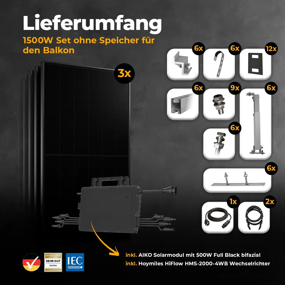 Balkonkraftwerk 1500W – Komplettset Schrägdach