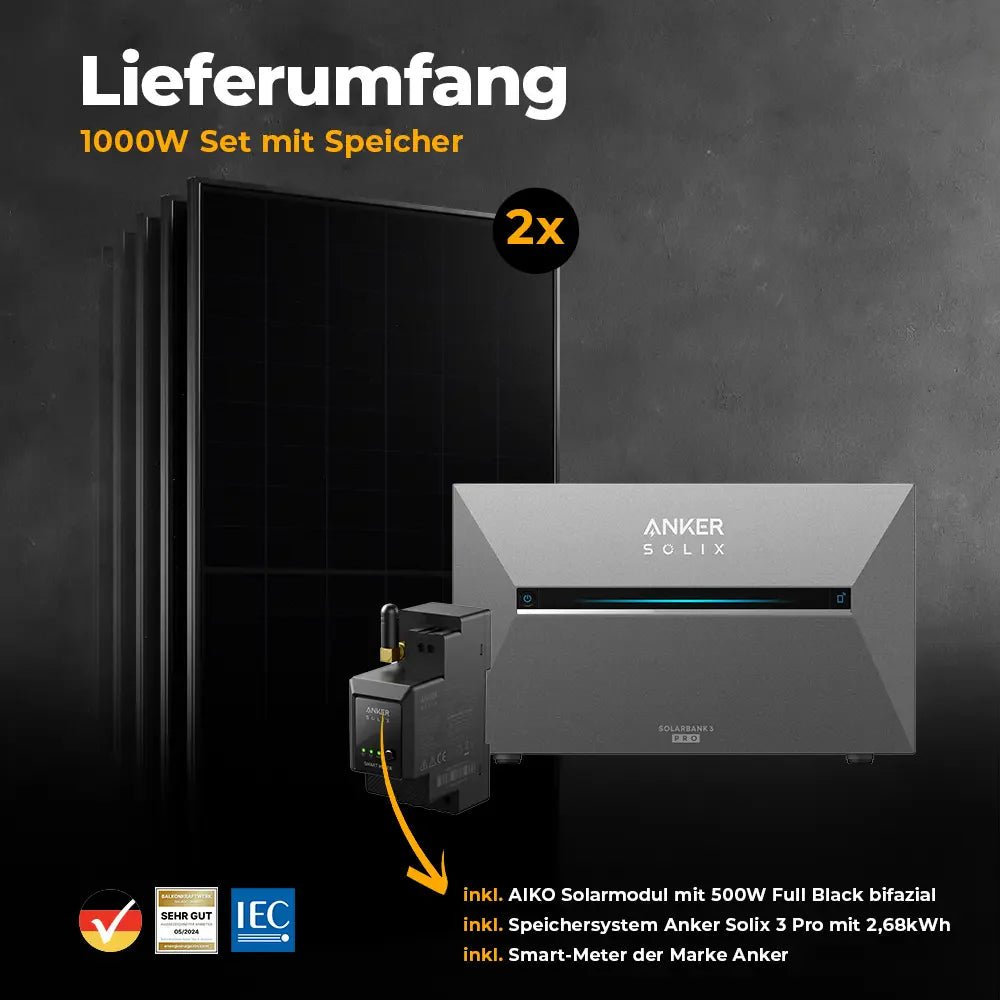 Balkonkraftwerk 1000W/800W mit Speicher Anker SOLIX 3 Pro - Set