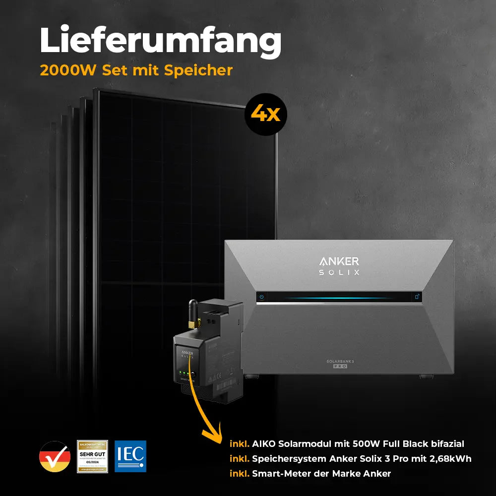Balkonkraftwerk 2000 Watt mit Speicher Anker SOLIX 3 Pro - Set