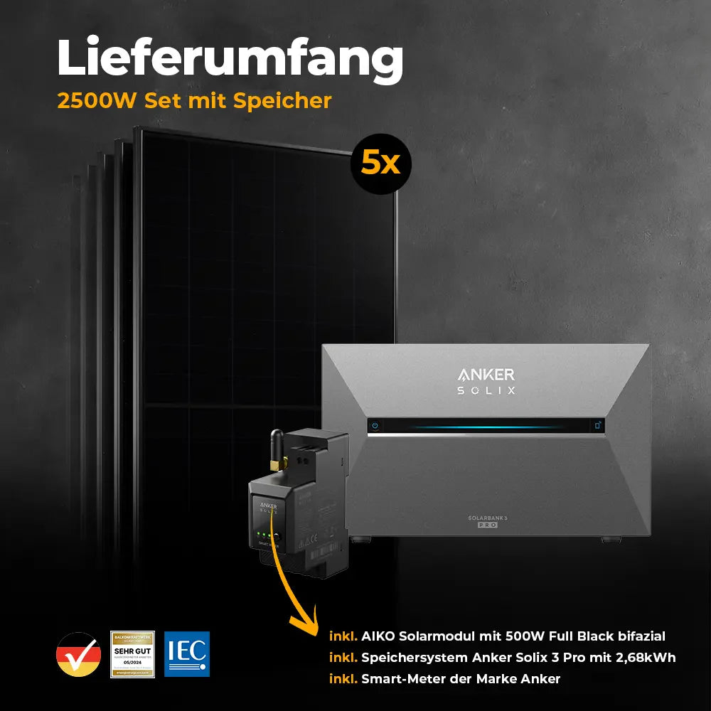 Solarkraftwerk 2500W mit Speicher Anker SOLIX 3 Pro - Set