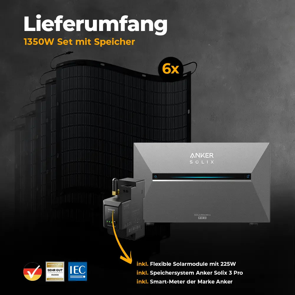 Balkonkraftwerk 1350W mit flexiblen Solarmodulen mit Speicher Anker SOLIX 3 Pro - Set