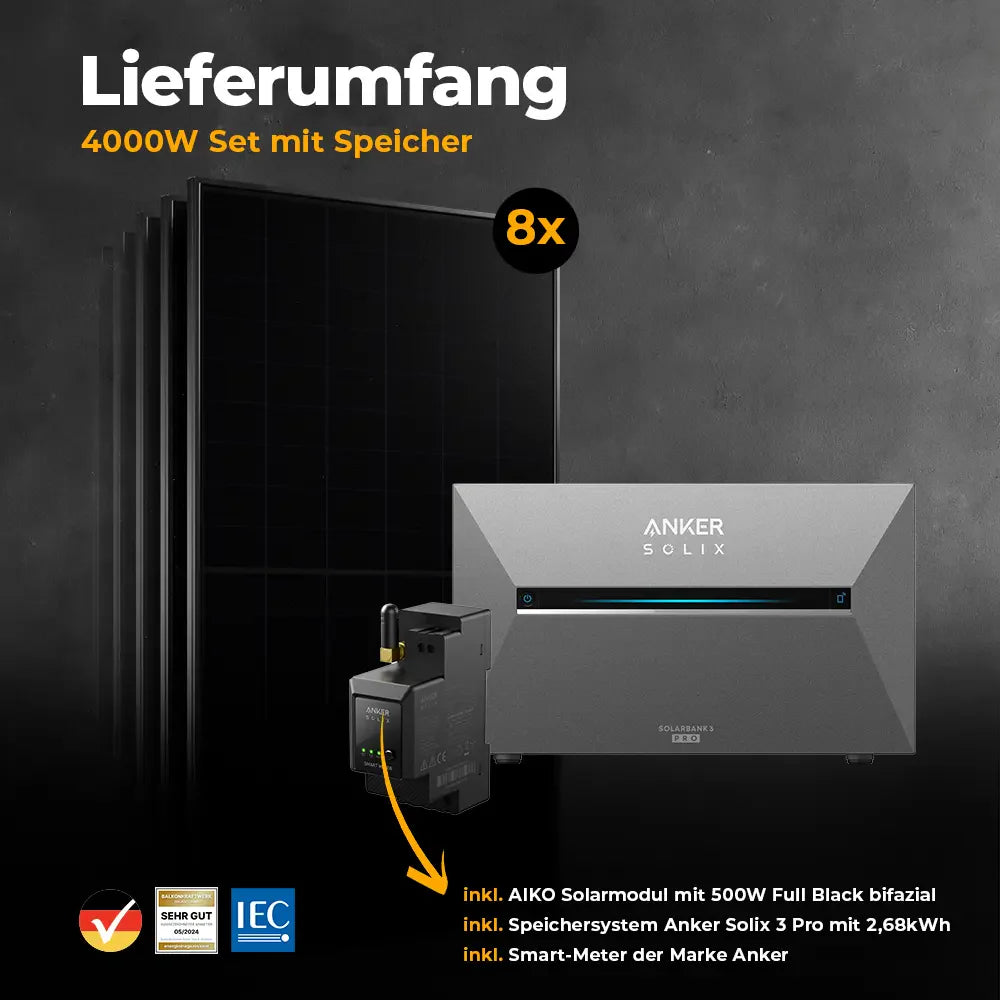Solarkraftwerk 4000W mit Speicher Anker SOLIX 3 Pro - Set
