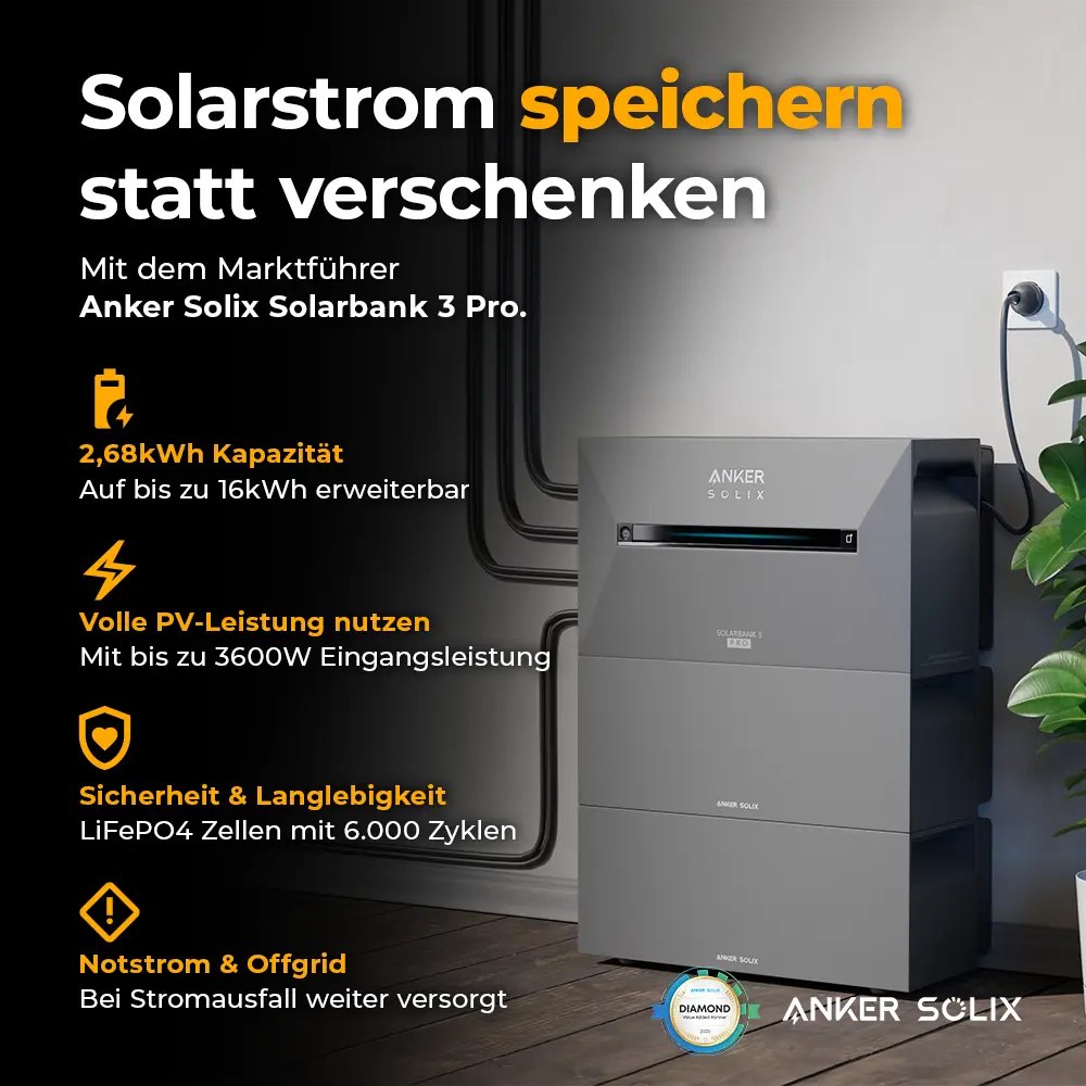 Balkonkraftwerk 1500W mit Speicher Anker SOLIX 3 Pro – Komplettset Schrägdach